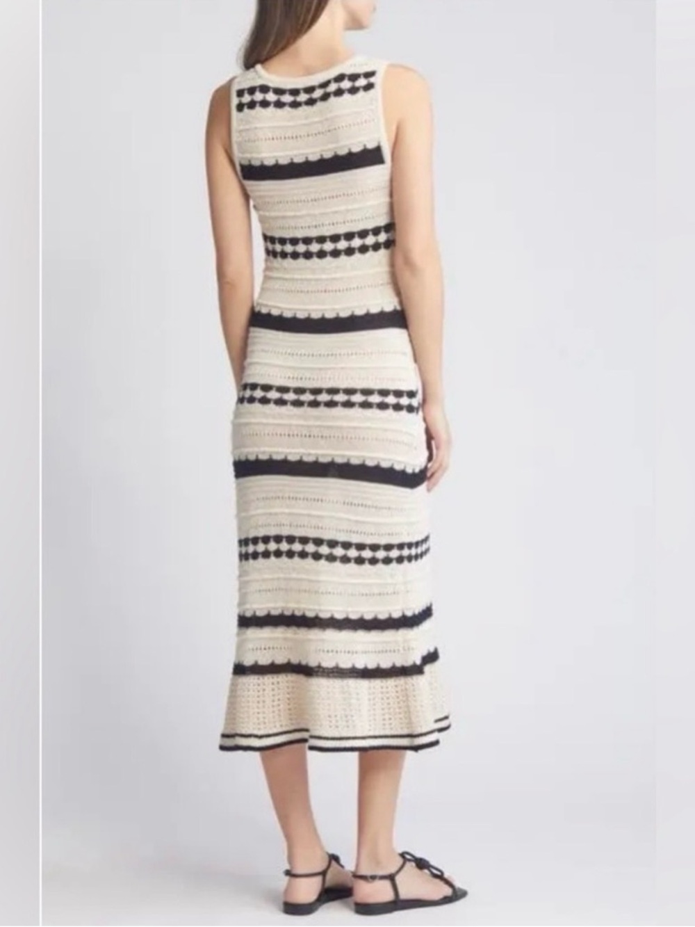 Sleeveless Cream and Black Striped Crochet Midi Dress